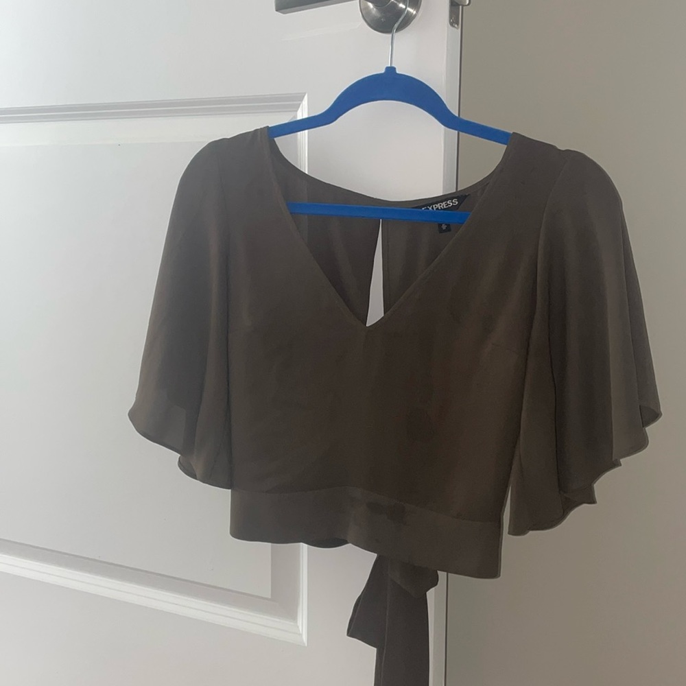EXPRESS XS Chiffon Tie Crop Top Olive Green